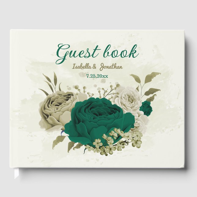 Smaragdgrün-beige-Blume Hochzeit Gästebuch (Vorderseite)