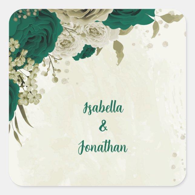 Smaragdgrün-beige-Blume Hochzeit Quadratischer Aufkleber (Vorderseite)