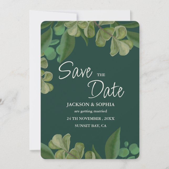 Smaragdgrün Elegante rustikale Blätter üppig Save The Date (Vorderseite)