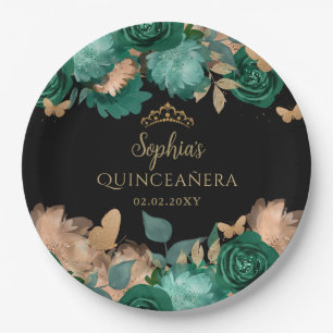 Smaragdgrün Gold Blumen Schmetterling Quinceañera Pappteller