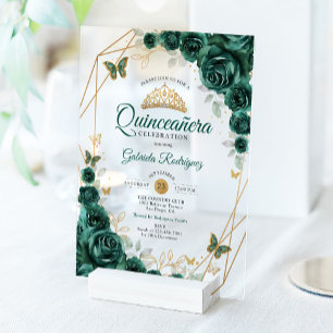 Smaragdgrün Gold Floral Quinceanera Acryleinladungen