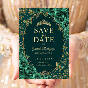 Smaragdgrün Gold Quinceanera Floral Save The Date
