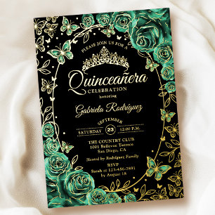 Smaragdgrün Gold Schwarz Rosen Quinceanera Folieneinladung
