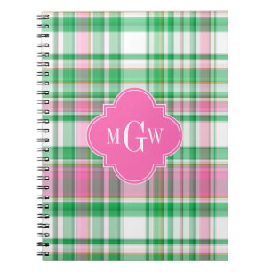 Smaragdgrün Hellrosa Weiß Preppy Madras Monogramm Notizblock