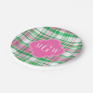 Smaragdgrün Hellrosa Weiß Preppy Madras Monogramm Pappteller