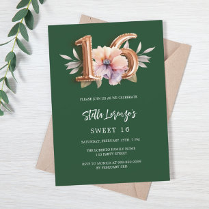 Smaragdgrün peach floral Sweet 16 Luxus Einladung