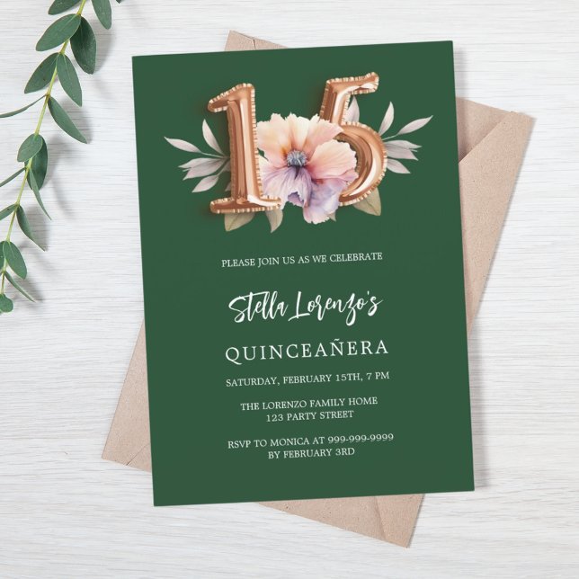 Smaragdgrün pinkfarbener Pfirsich Quinceanera Einladung (Von Creator hochgeladen)