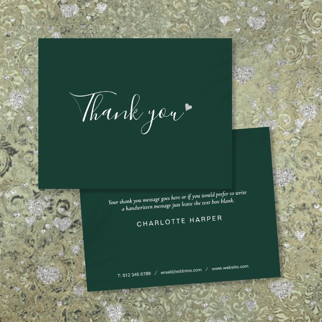Smaragdgrün Silber Herz Chic Script Geschäft Dankeskarte (Emerald Green Silver Heart Chic Script Business Thank You Card)