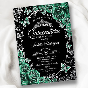Smaragdgrün Silber Schwarz Rosen Quinceanera Folieneinladung