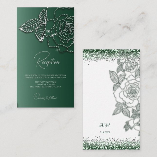 Smaragdgrün Silver floral Elegante Hochzeit Begleitkarte (Vorne/Hinten)
