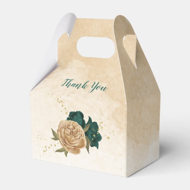 Smaragdgrün und beige goldene Blume Hochzeit Geschenkschachtel (Vorderseite)