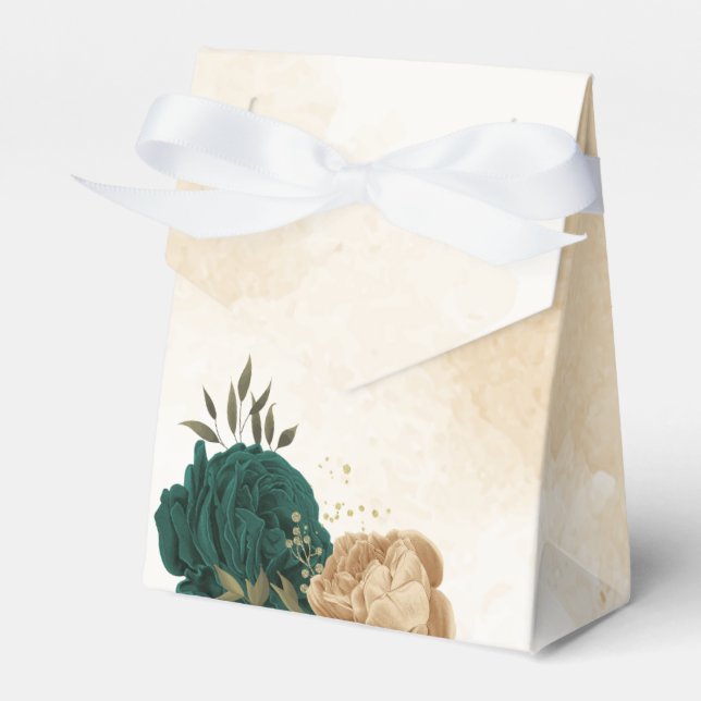 Smaragdgrün und beige goldene Blume Hochzeit Geschenkschachtel (Vorderseite)