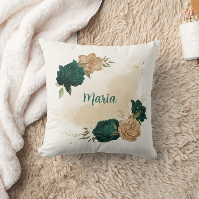 Smaragdgrün und beige goldene Blume Kissen (Decke)