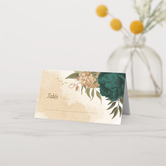Smaragdgrün und beige goldene Blume Platzkarte (Vorderseite)