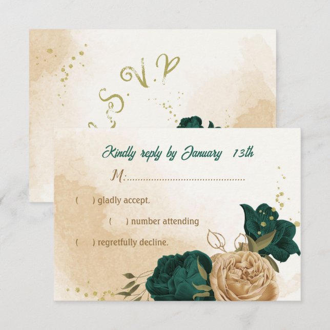 Smaragdgrün und beige goldene Blume RSVP Karte (Vorne/Hinten)