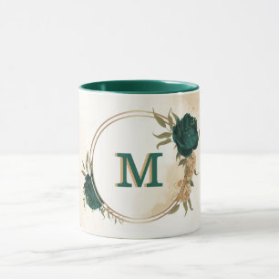Smaragdgrün und beige goldene Blume Tasse
