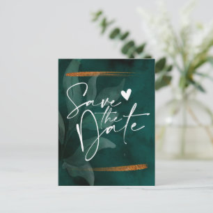 smaragdgrün und Blätter Save the Date Anno Ankündigungspostkarte