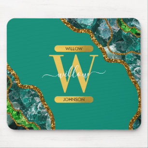 Smaragdgrün und Gold Achat Geode Glitter Monogramm Mousepad