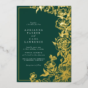 Smaragdgrün und Gold Blumen Gartenhochzeit Folieneinladung