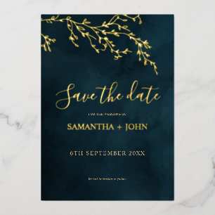 Smaragdgrün und Gold Botanisch Save the Date Folieneinladung