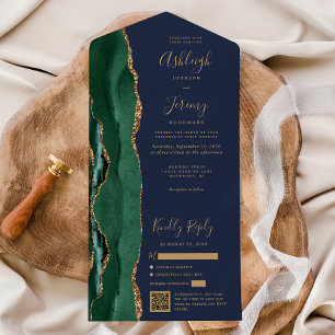 Smaragdgrüne Achat-Gold-Navyblau QR-Code-Hochzeit All In One Einladung