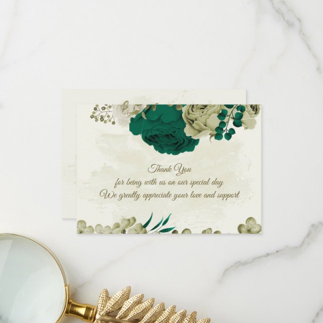 smaragdgrüne beige Blume botanische Hochzeit Dankeskarte (Vorderseite/Rückseite Beispiel)