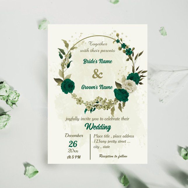 smaragdgrüne beige Blume botanische Hochzeit Einladung (Von Creator hochgeladen)