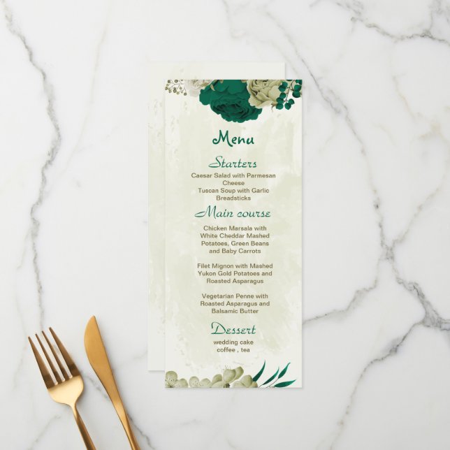 smaragdgrüne beige Blume botanische Hochzeit Menükarte (Vorderseite/Rückseite Beispiel)