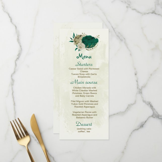 smaragdgrüne beige Blume botanische Hochzeit Menükarte (Vorderseite/Rückseite Beispiel)