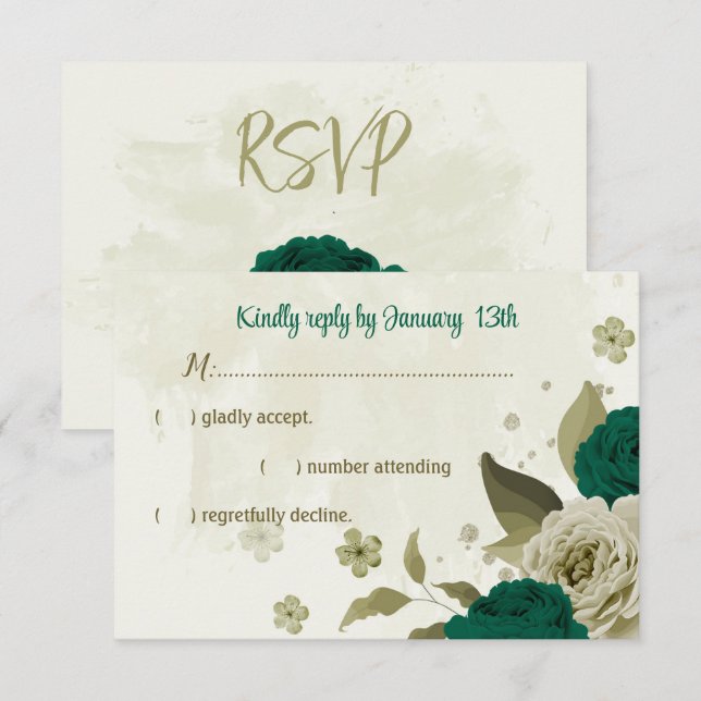 smaragdgrüne beige Blume botanische Hochzeit RSVP Karte (Vorne/Hinten)