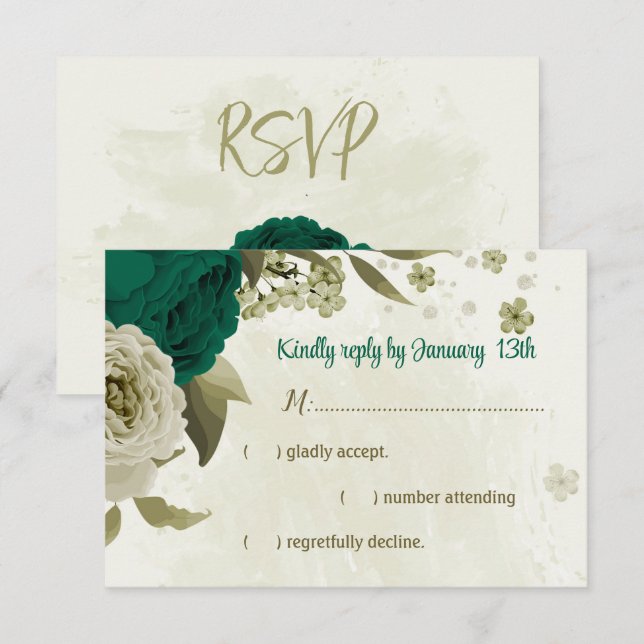 smaragdgrüne beige Blume botanische Hochzeit RSVP Karte (Vorne/Hinten)