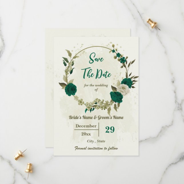 smaragdgrüne beige Blume botanische Hochzeit Save The Date (Vorderseite/Rückseite Beispiel)
