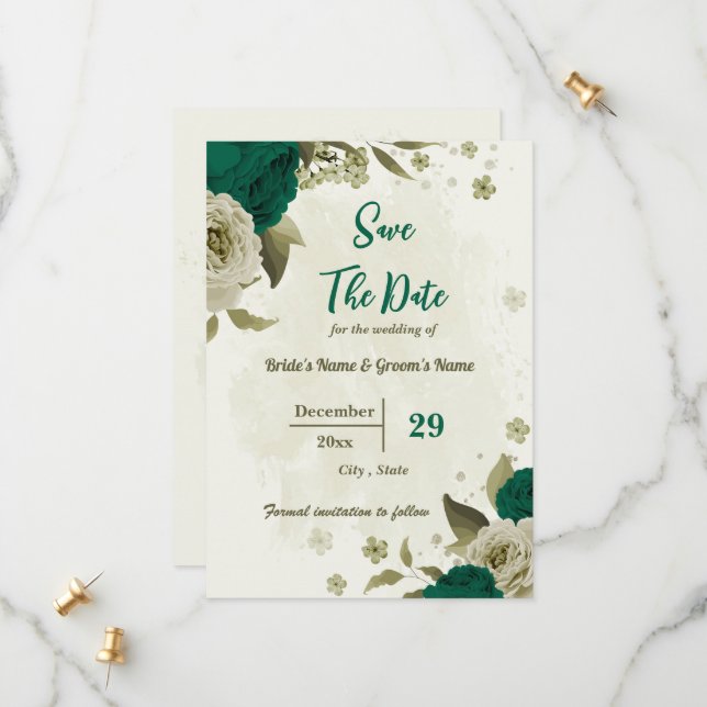 smaragdgrüne beige Blume botanische Hochzeit Save The Date (Vorderseite/Rückseite Beispiel)