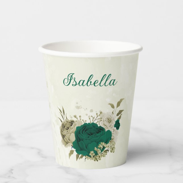 smaragdgrüne beige Blume Pappbecher (Vorderseite)