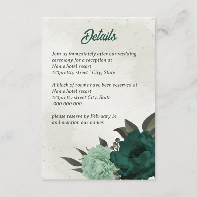 smaragdgrüne Blume botanische Hochzeit Begleitkarte (Vorderseite)