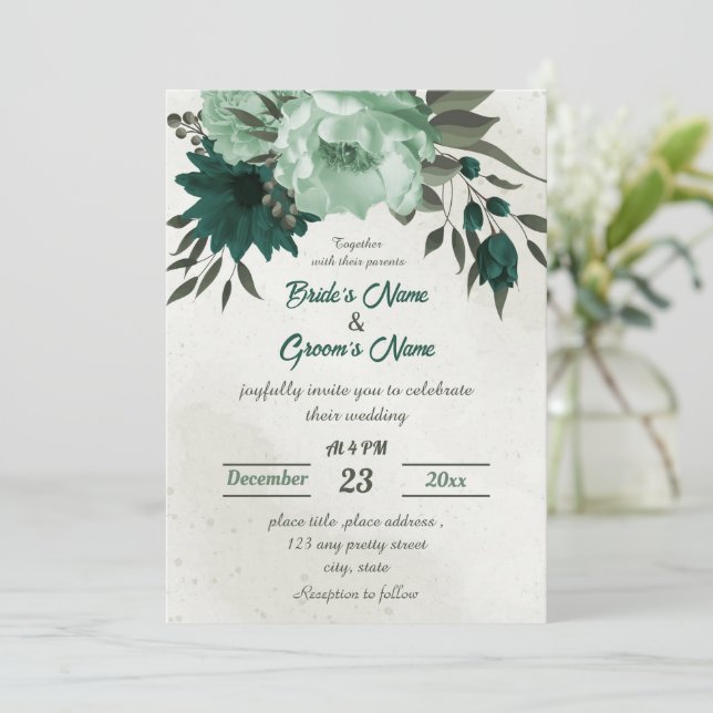 smaragdgrüne Blume botanische Hochzeit Einladung (Stehend Vorderseite)