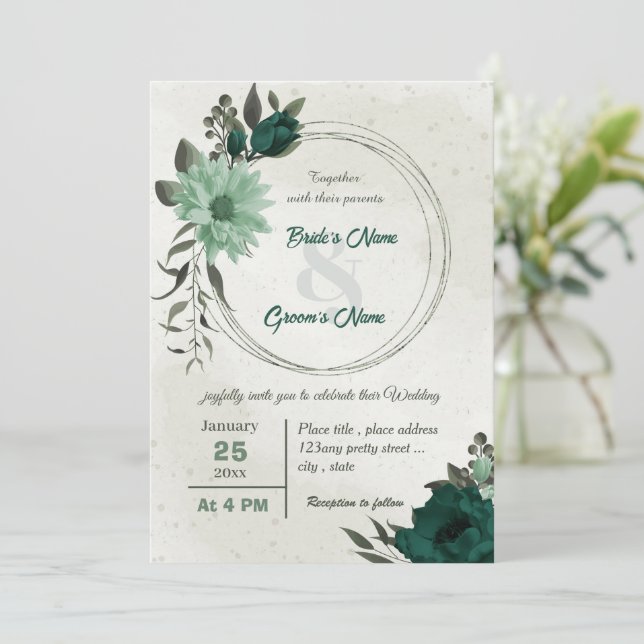 smaragdgrüne Blume botanische Kranzhochzeit Einladung (Stehend Vorderseite)