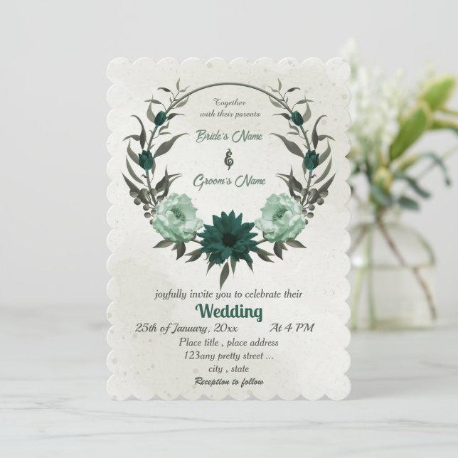 smaragdgrüne Blume botanische Kranzhochzeit Einladung (Stehend Vorderseite)
