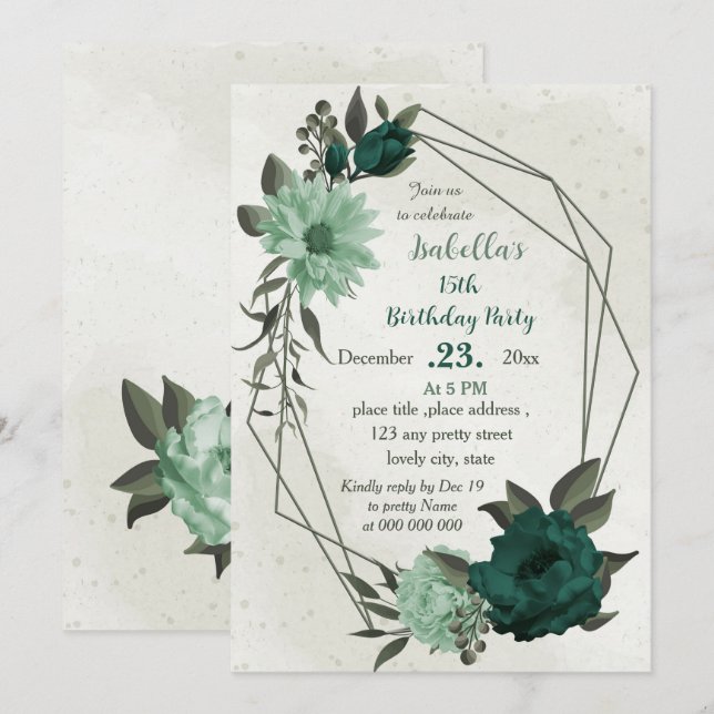 smaragdgrüne Blume geometrischer Geburtstag Einladung (Vorne/Hinten)