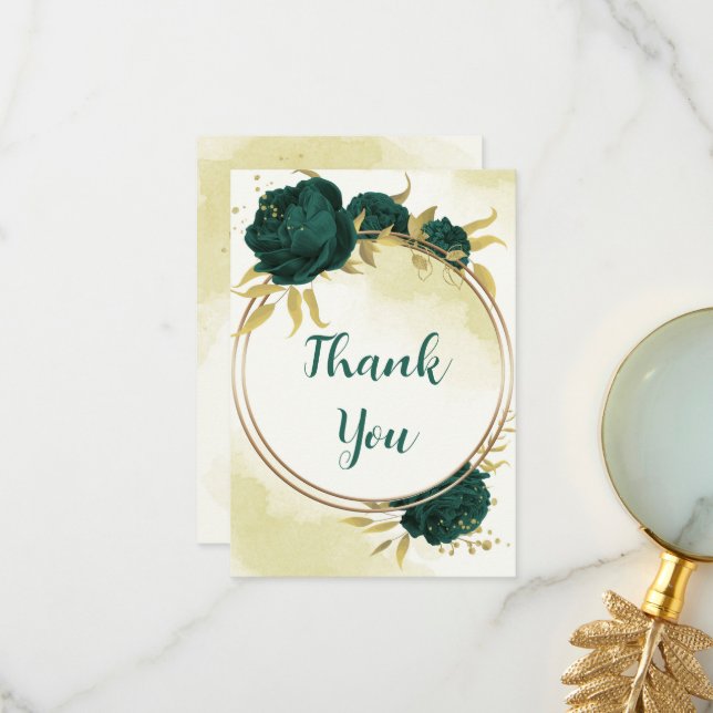 Smaragdgrüne Blume Gold Blätter Hochzeit Dankeskarte (Vorderseite/Rückseite Beispiel)