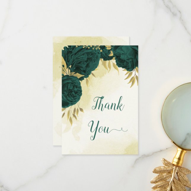 Smaragdgrüne Blume Gold Blätter Hochzeit Dankeskarte (Vorderseite/Rückseite Beispiel)