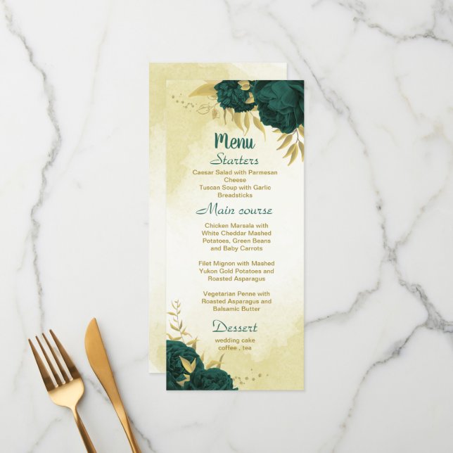 Smaragdgrüne Blume Gold Blätter Hochzeit Menükarte (Vorderseite/Rückseite Beispiel)