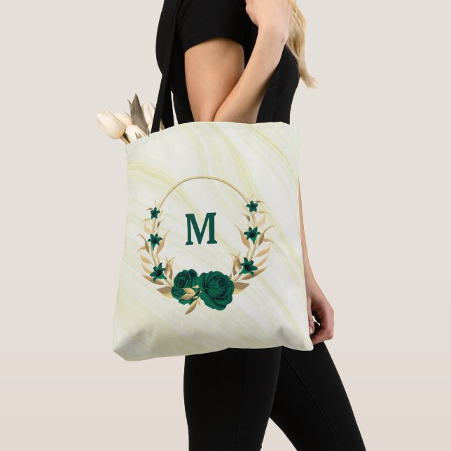 smaragdgrüne Blume goldene Blätter Marmortote Tasc Tasche (Von Nahem)