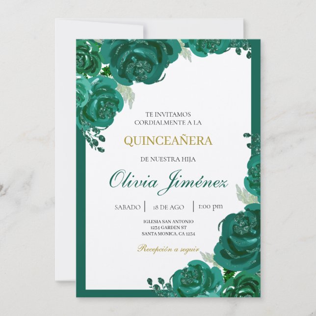 Smaragdgrüne Blume quinceañera Einladung (Vorderseite)