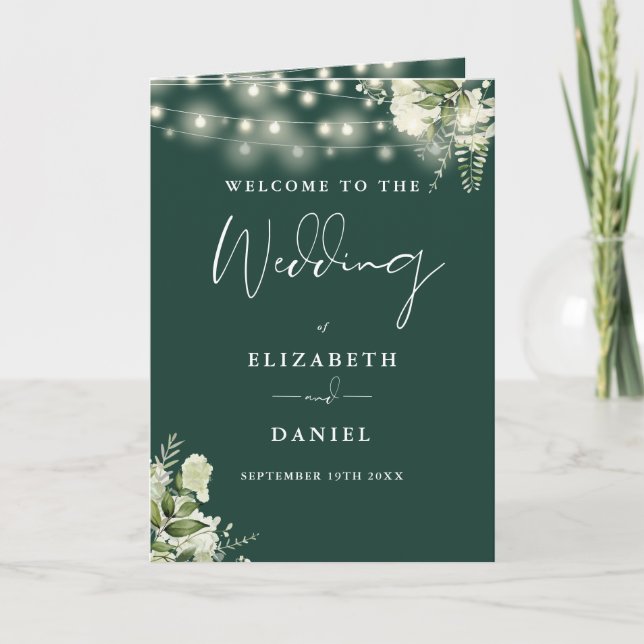 Smaragdgrüne Blumen-Lichterkette Hochzeit  Programm (Vorderseite)