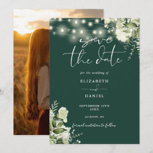 Smaragdgrüne Blumenkettenlichter Foto-Hochzeit Save The Date