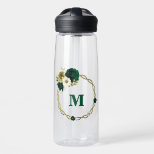 Smaragdgrüne Elfenbein Gold Blumenmonogramm Trinkflasche