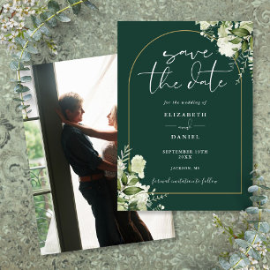 Smaragdgrüne Florale Goldene Architektur Foto-Hoch Save The Date