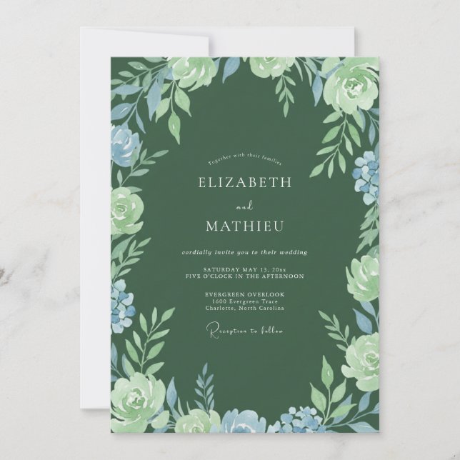 Smaragdgrüne florale Hochzeit Einladung (Vorderseite)