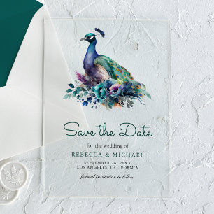 Smaragdgrüne florale Pfauen-Hochzeit - Termin vorm Acryleinladungen